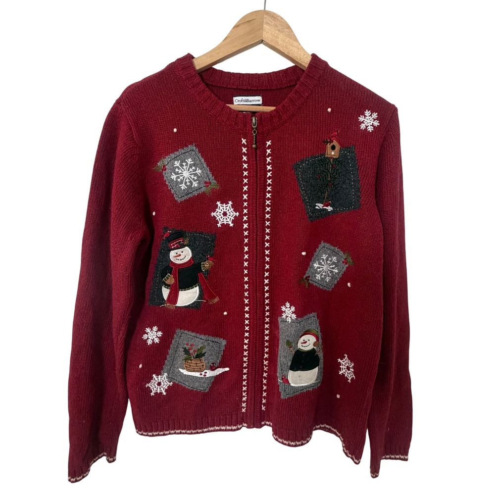 Croft & Barrow Christmas Sweater Womens Medium Red Good Snowman Zip Cardigan